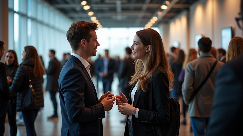 High-angle view of multiple people networking at a career fair