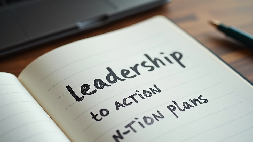 Close-up view of a notebook with leadership goals and action plans written down