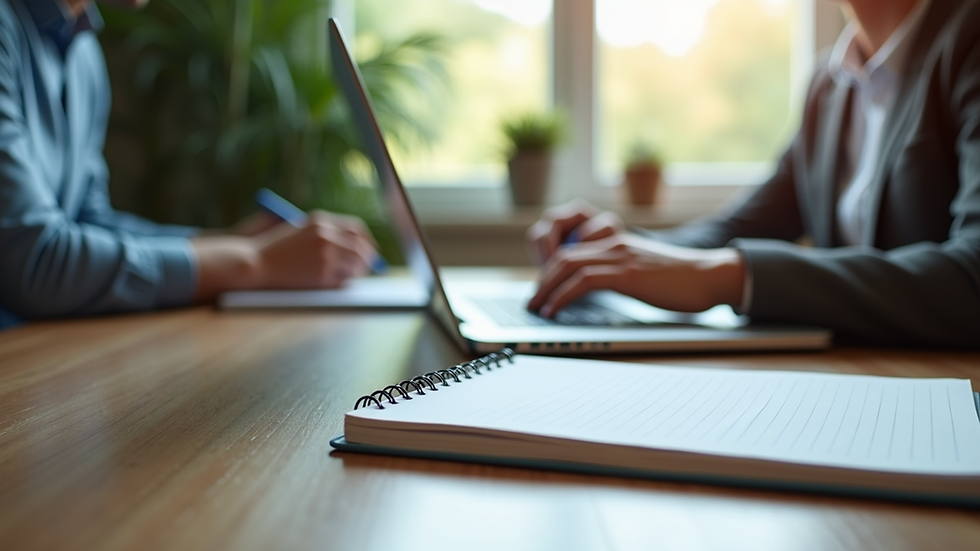 Eye-level view of a professional workspace with a laptop and notebook
