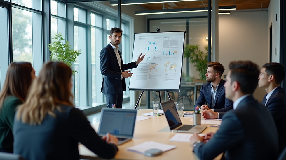 High angle view of a leader presenting a strategy to a team in a modern office