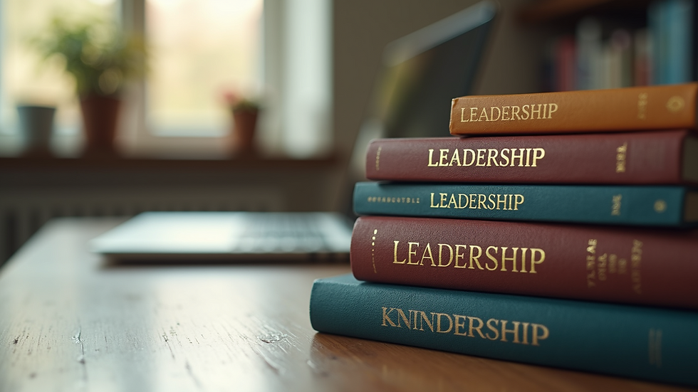 Close-up view of a stack of leadership books on a desk