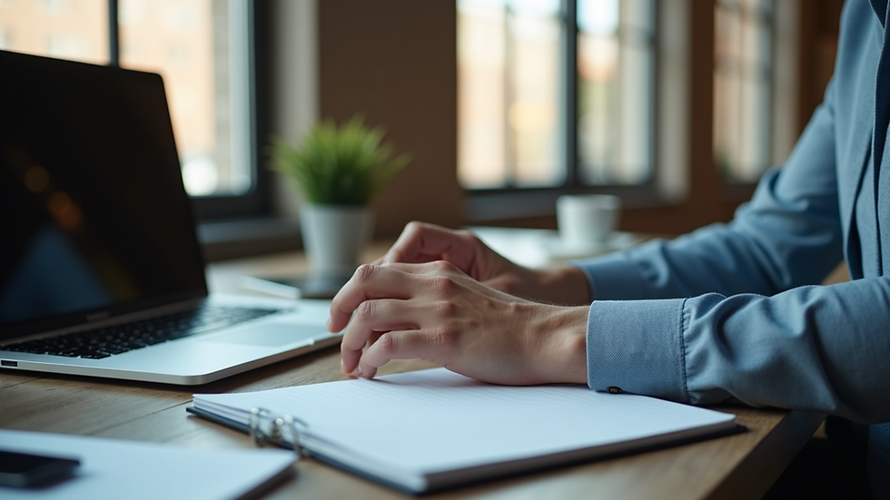 Eye-level view of a professional sitting at a desk with a laptop and notebook