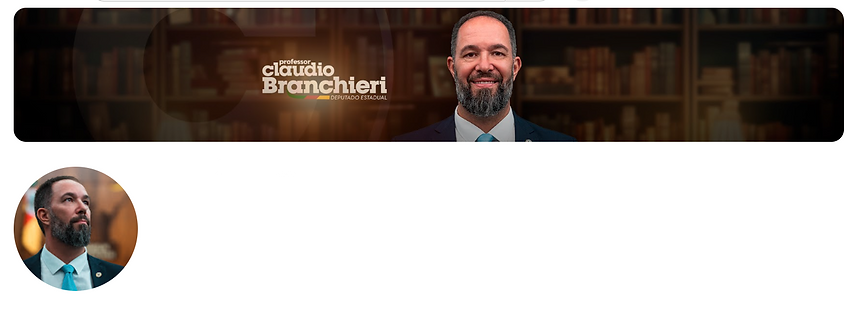 Banner com Professor Claudio Branchieri em biblioteca e foto de perfil circular com terno e gravata.