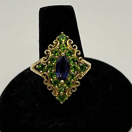 14KT YG Tsavorite design with Amethyst  center in gold filigree