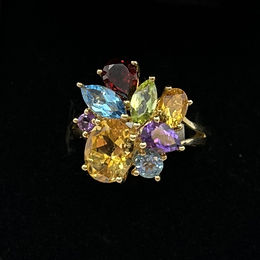 10KT YG MULTICOLORED STONE RING, SIZE 7