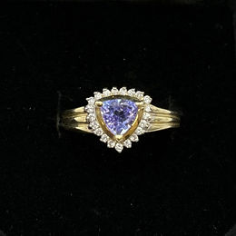 14KT YG TRILLON CUT TANZANITE RING SOLITAIRE, SIZE 7