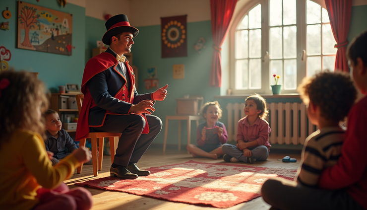 High angle view of a magician performing a trick for a group of seated children in a nursery hall