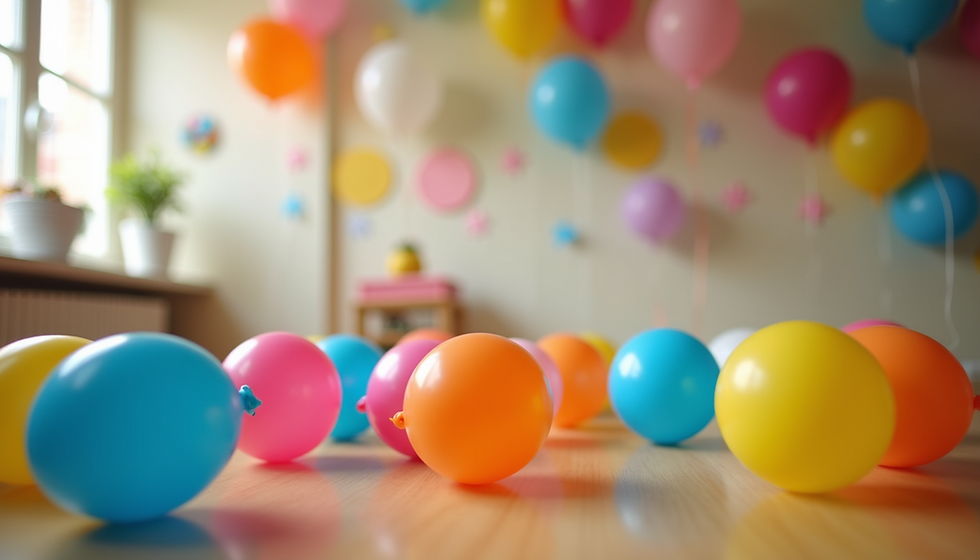 Colorful balloons scattered on a wooden floor in a decorated party room with more balloons on the wall.
