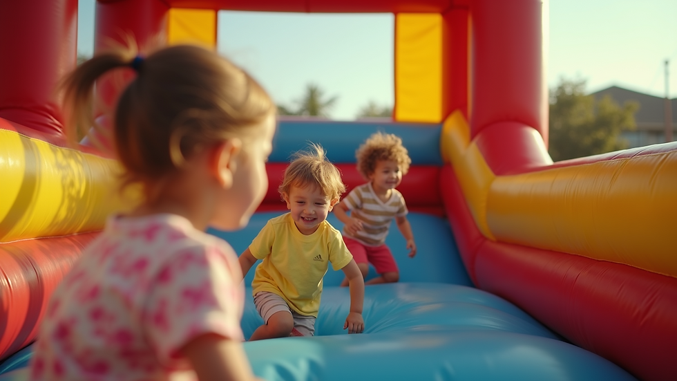 Close-up view of children playing in a bouncy castle