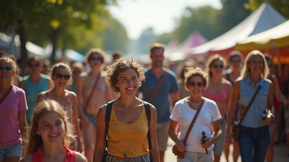 Eye-level view of a vibrant crowd enjoying a local community fete