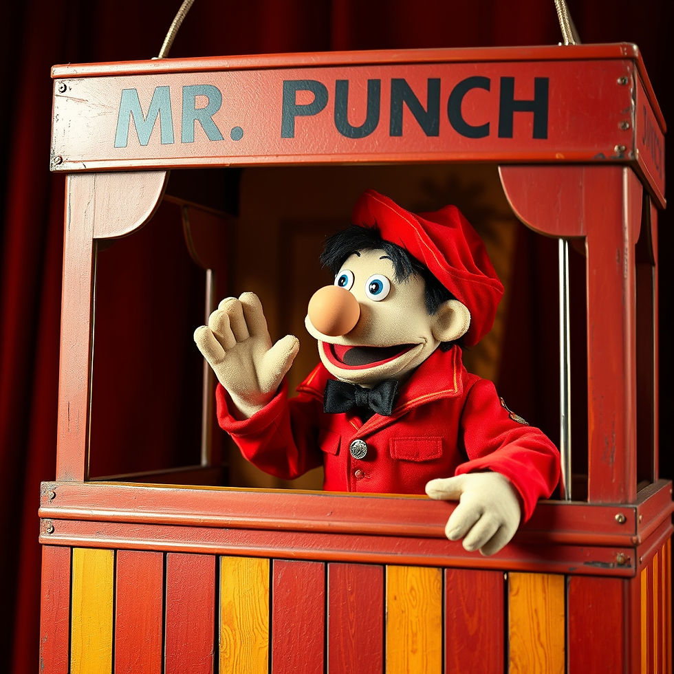 Mr. Punch puppet in a red booth, waving and smiling beneath the sign MR. PUNCH.