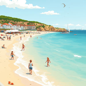 Sunny beach with people and children. in england