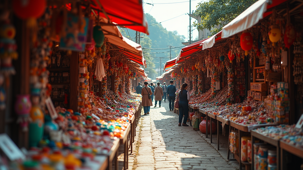High angle view of colorful craft stalls