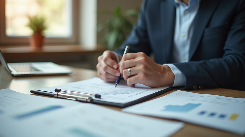 Eye-level view of a small business owner reviewing financial documents at a desk