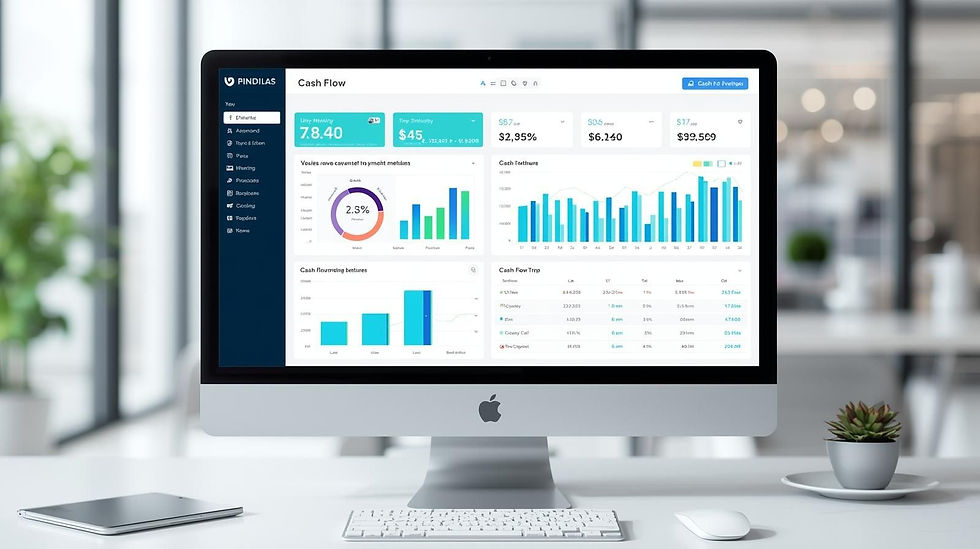 Eye-level view of a desk with a laptop displaying a cash flow chart