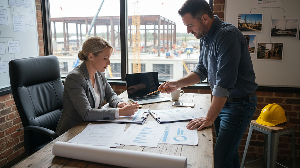 Eye-level view of a business owner reviewing financial reports on a desk