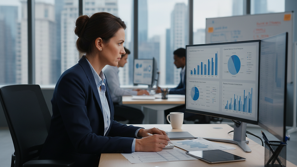 Eye-level view of a business analyst reviewing market data charts
