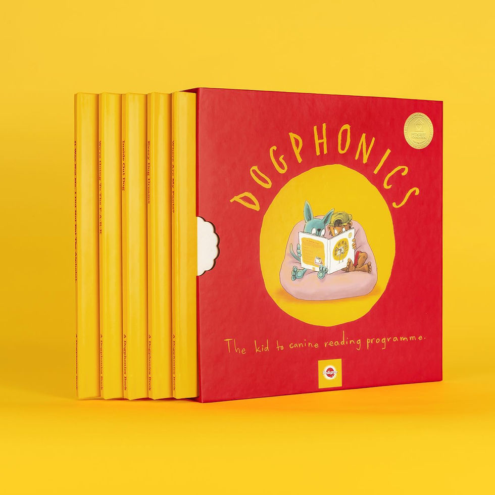 Pure precision meets playful production. These luxury children's first-reader books — designed to be read by kids to their dogs —
demanded flawless finishing with a deliberate flaw: a custom die-cut slipcase shaped like a dog took a bite out of it. Every
chomp was calculated, every perforation purposeful, delivering premium presentation with personality built right into the
binding