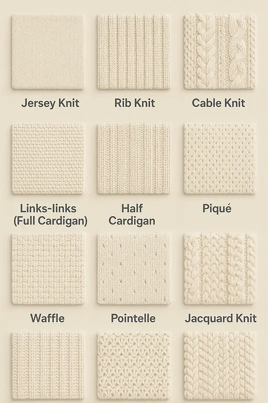 Knit fabric swatches: Jersey, Rib, Cable, Linen-look, Half Cardigan, Plait, Waffle, Pointelle, Jacquard knits