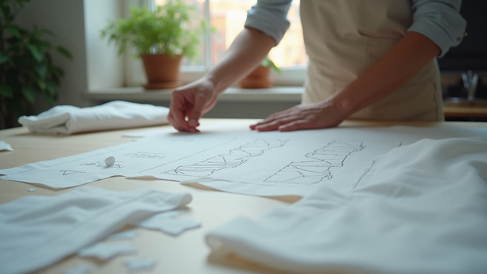 Eye-level view of fabric cutting table with pattern pieces