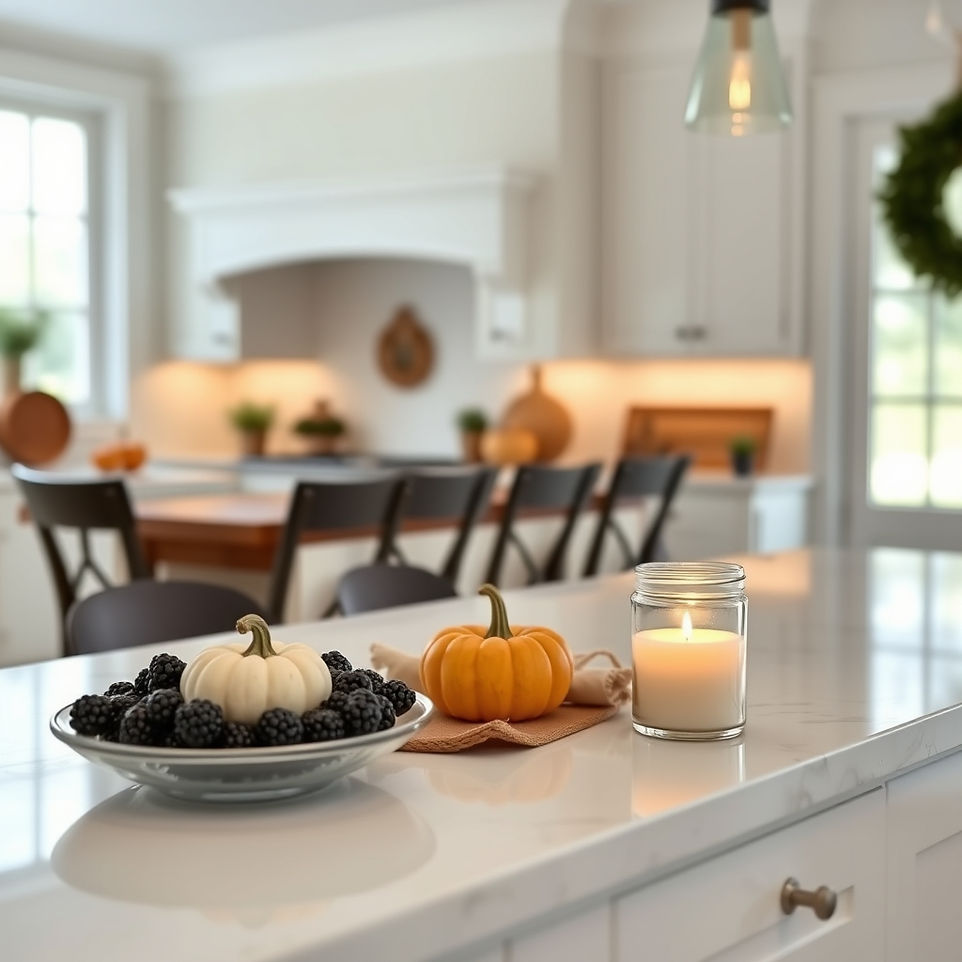 nice home, a white glass jar candle burning on a large kitchen island with a little pumpki