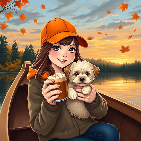 a girl with brown hair, blue eyes, with an orange cap, holding a pumpkin latte in hands w