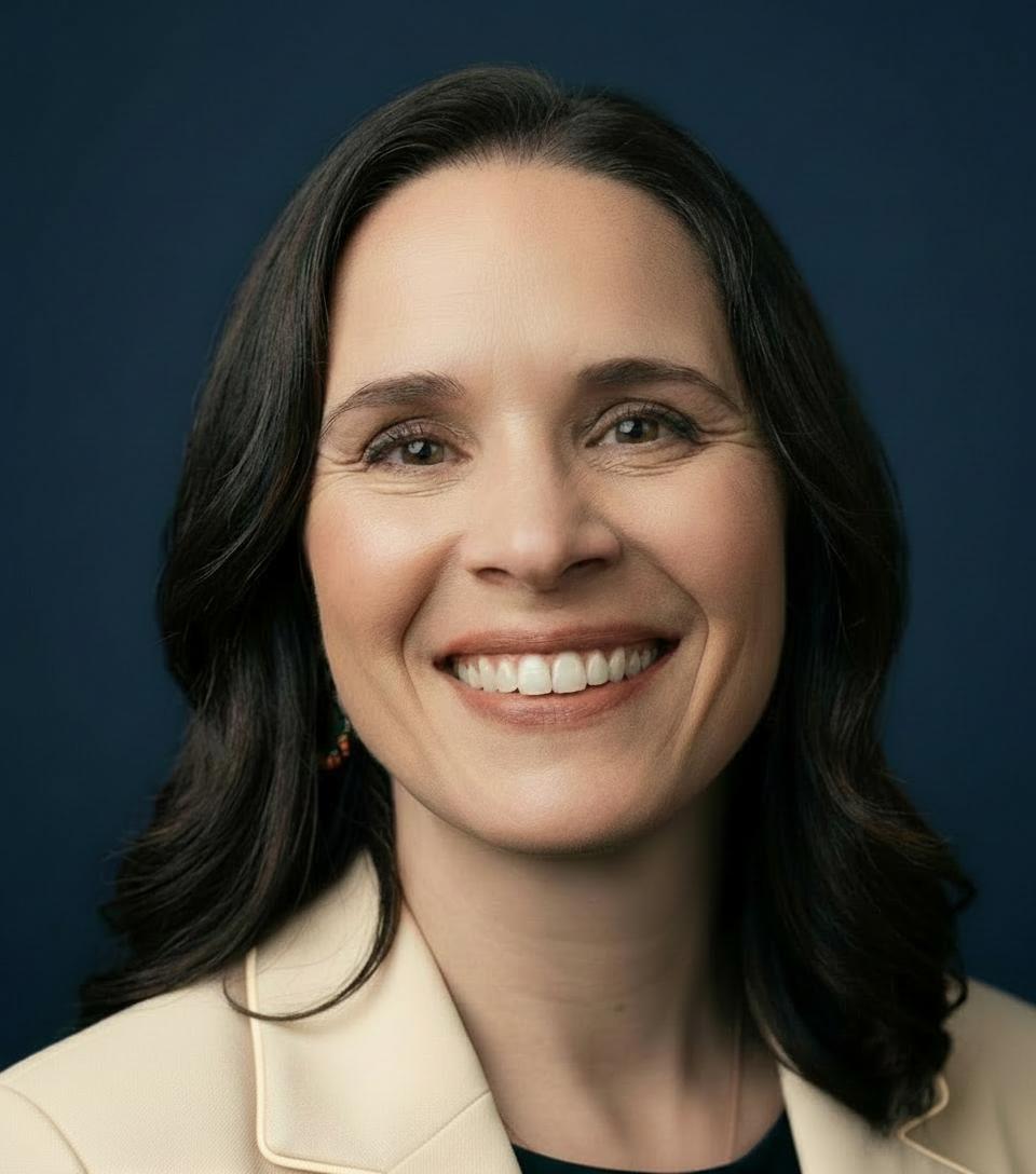 Smiling woman with dark hair in a cream blazer