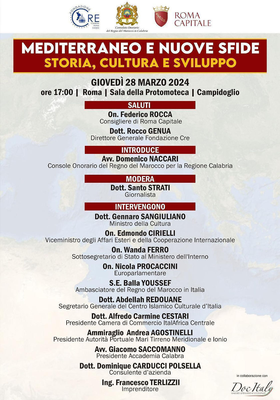 Invito all'evento 'Mediterraneo e Nuove Sfide' a Roma il 28 marzo 2024, con illustri speaker per discutere storia, cultura e sviluppo regionale."