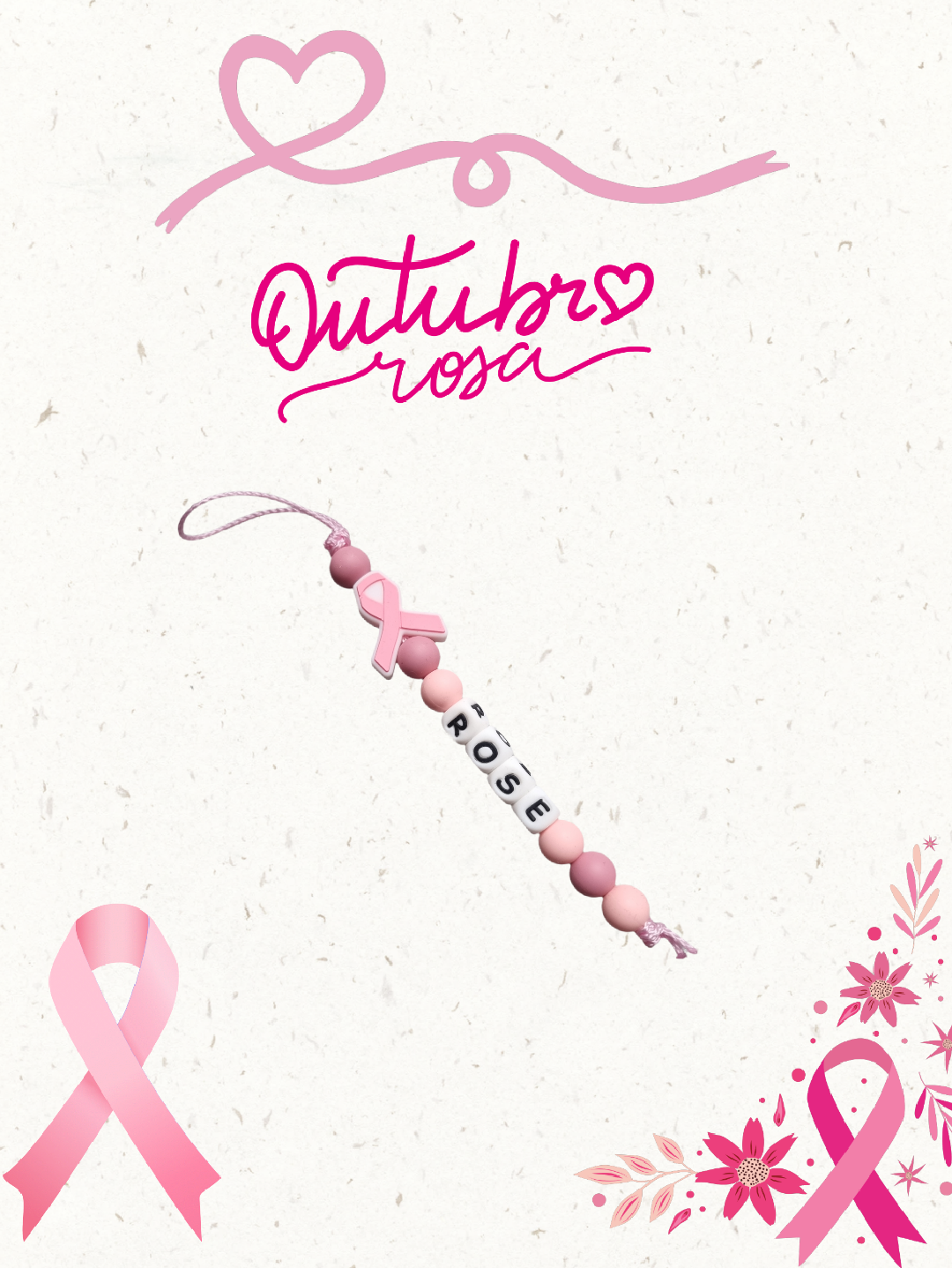 Porte clé octobre rose avec prénom en perles silicone - Ruban rose solidaire cancer - Cadeau personnalisé
