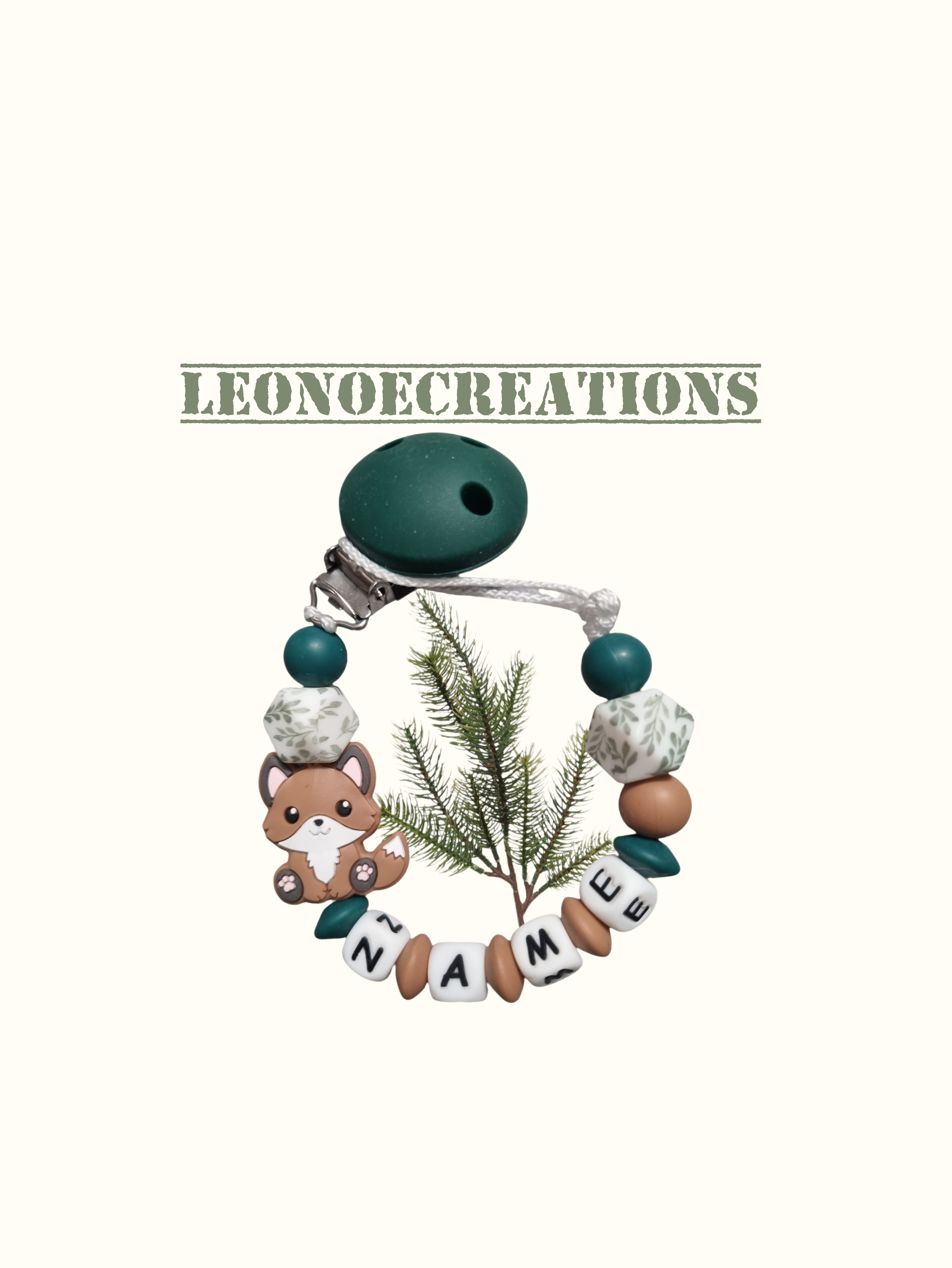 Attache tétine personnalisée silicone motif renard jungle alliant sécurité, praticité et charme naturel pour accompagner bébé