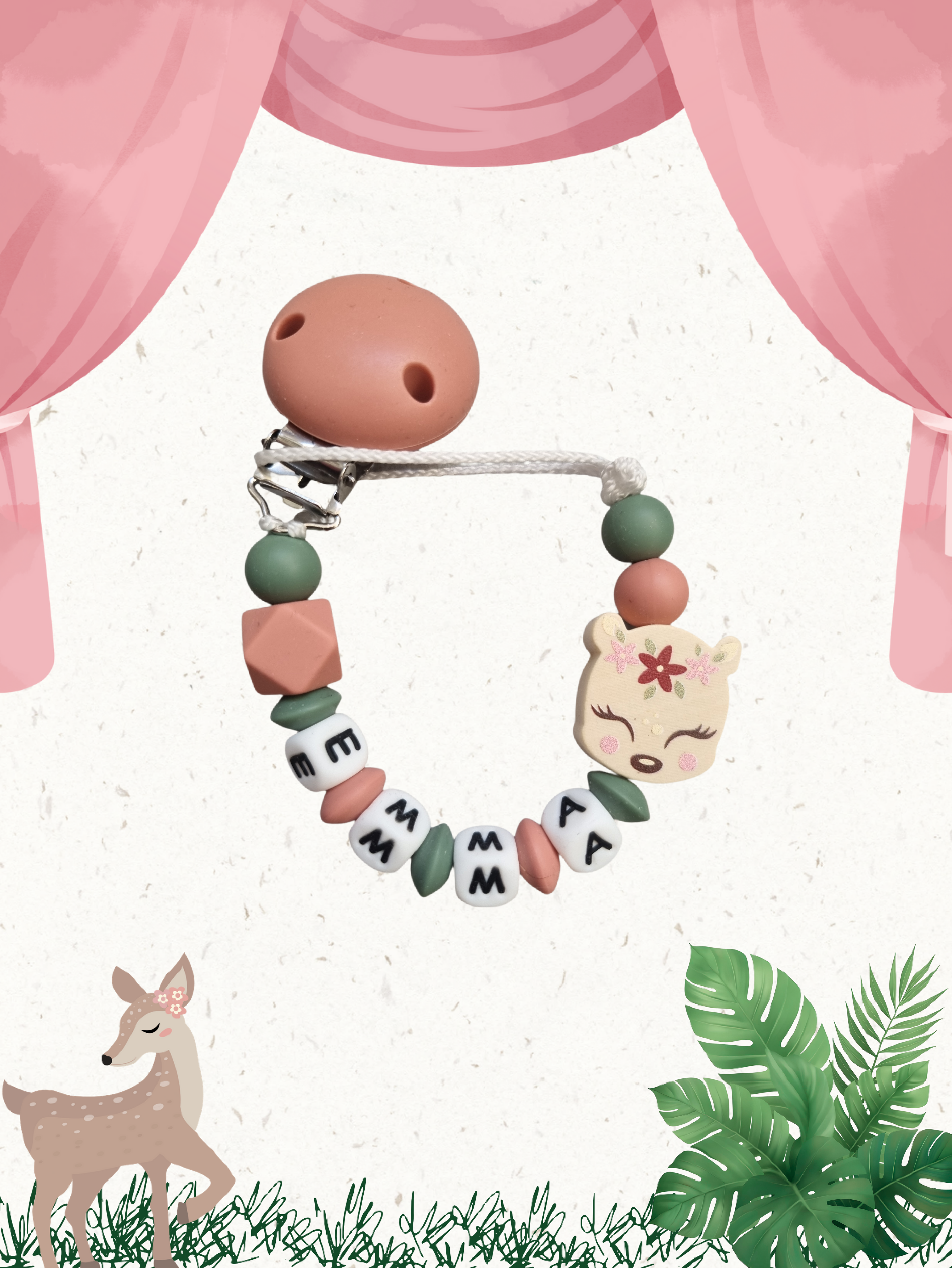Attache tétine personnalisée silicone motif biche bois, alliant sécurité, praticité et charme naturel pour accompagner bébé