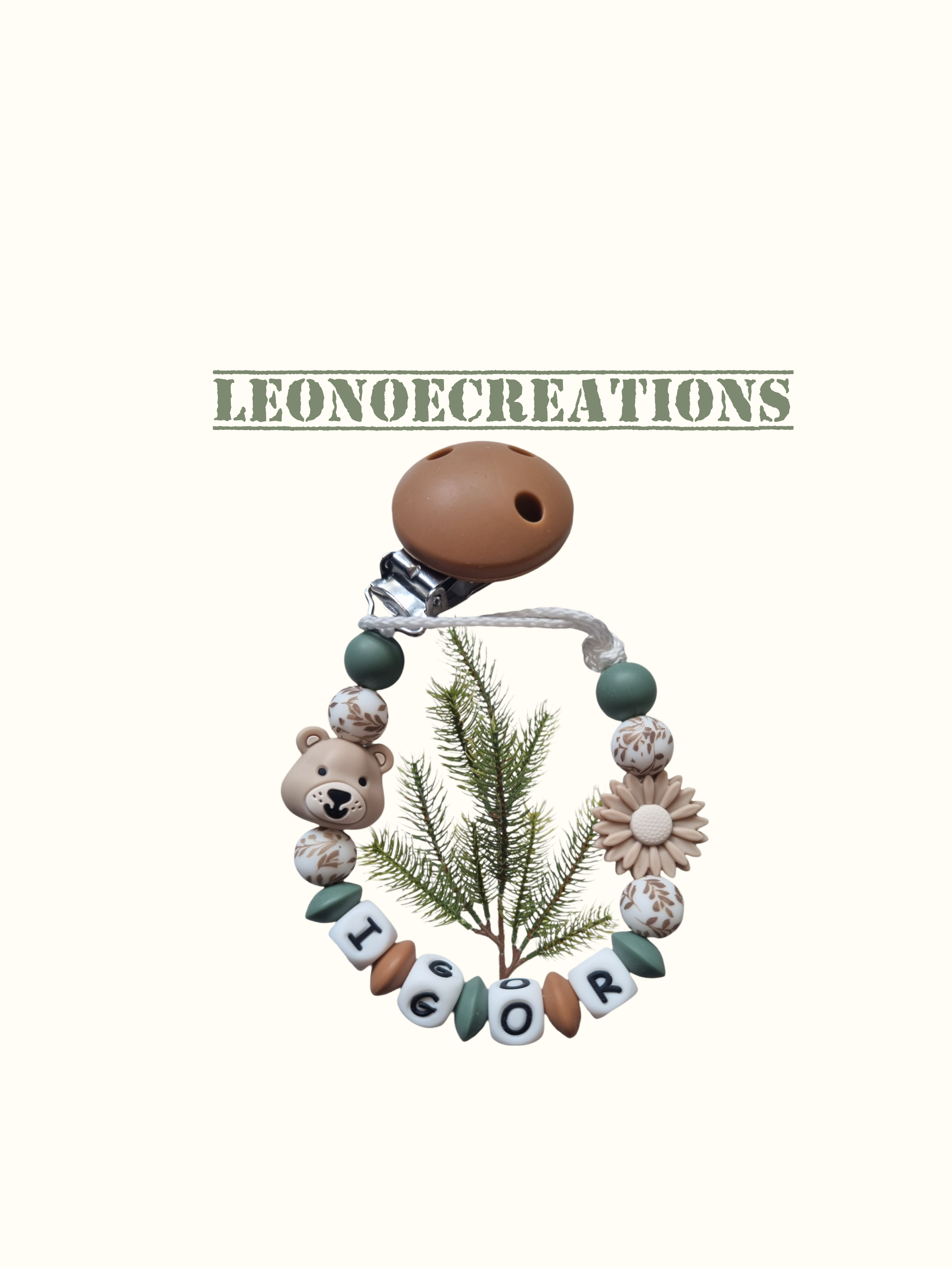 Attache tétine personnalisée bébé – Ourson et fleur taupe, perles silicone
