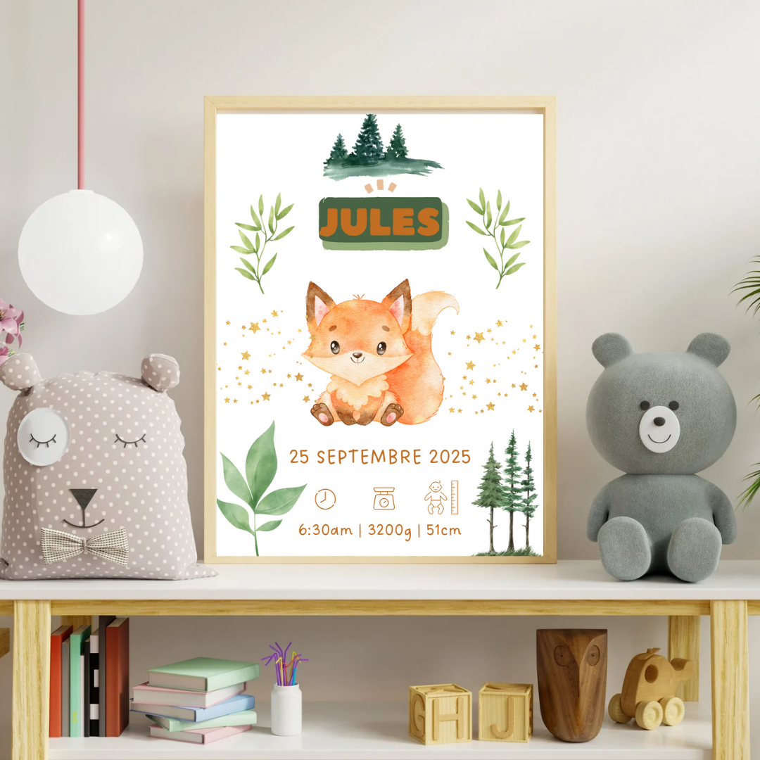 Affiche de naissance personnalisée, thème renard forêt, personnalisable, fichier PNG