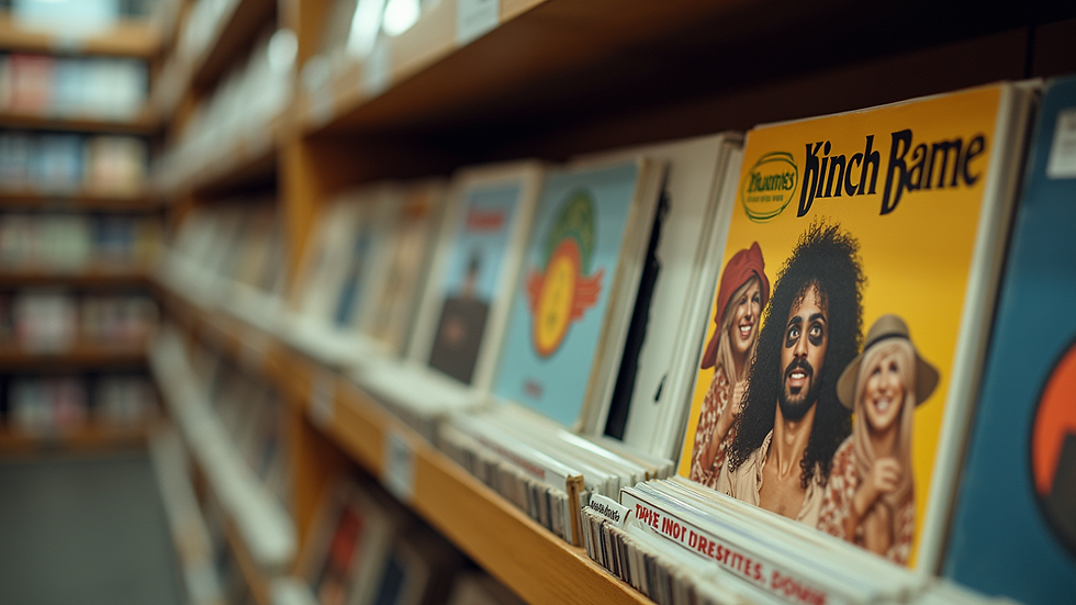 Eye-level view of a vinyl record store shelf filled with colourful album covers