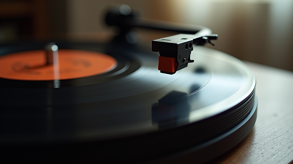 Close-up view of a vintage vinyl record spinning on a turntable
