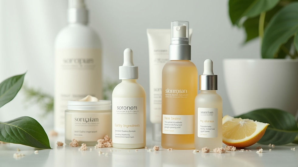 Close-up view of skincare products with labels showing active ingredients
