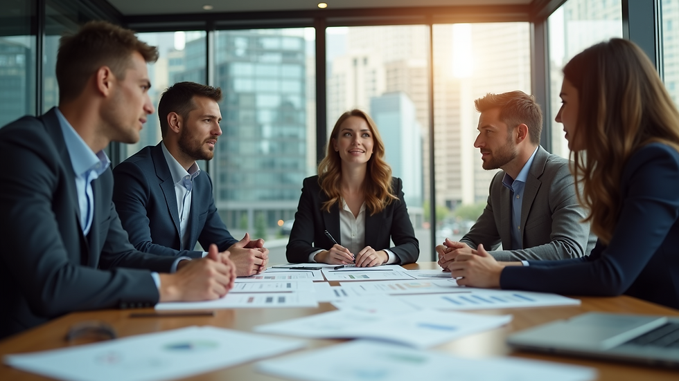 Eye-level view of a business team discussing growth plans around a table