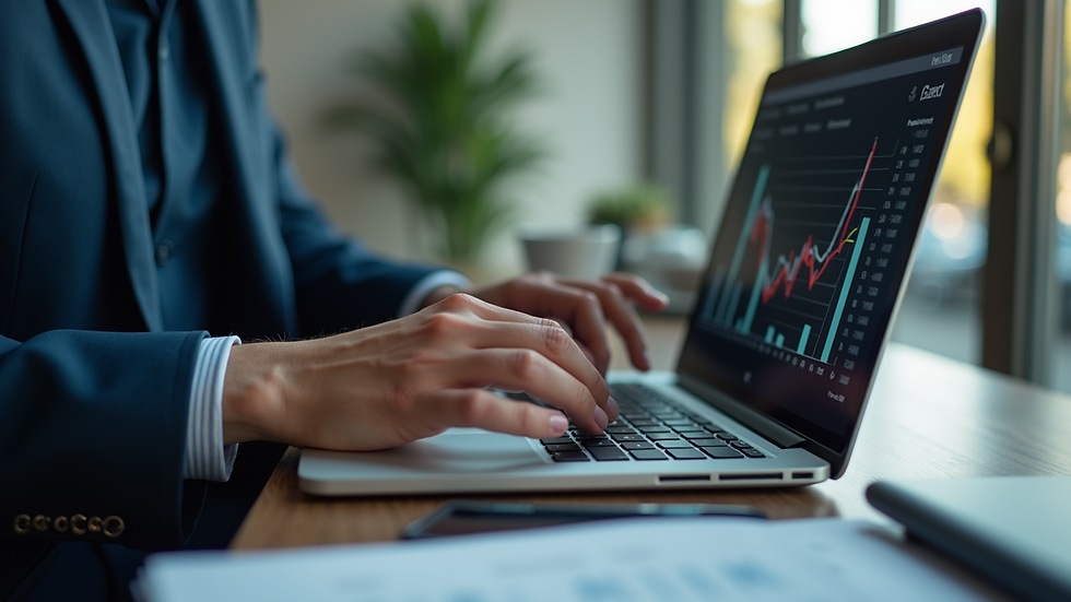 Close-up view of a business owner analyzing market data on a laptop