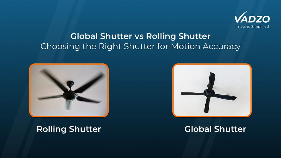 Comparison of rolling shutter and global shutter using ceiling fan motion to show blur versus clarity.