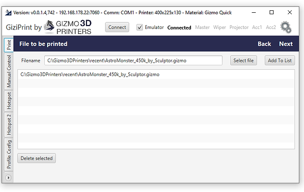 GiziPrint file selection screen