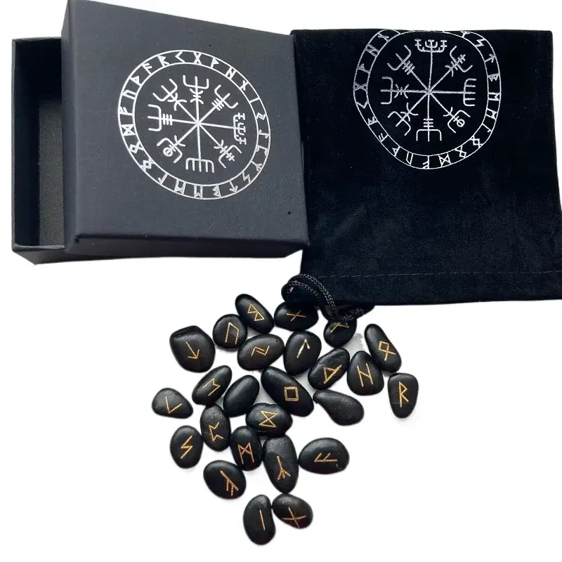 Thumbnail: 25pcs/Set Engraved Viking Rune Stones Set Carved Black  Divination