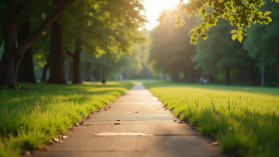 Eye-level view of a serene park with a walking path