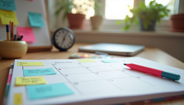 Eye-level view of a colorful weekly planner open on a desk with sticky notes, highlighters, and a timer nearby