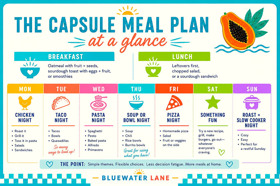 Colorful infographic titled The Capsule Meal Plan at a Glance, showing breakfast, lunch, and weekly dinner ideas with food icons.