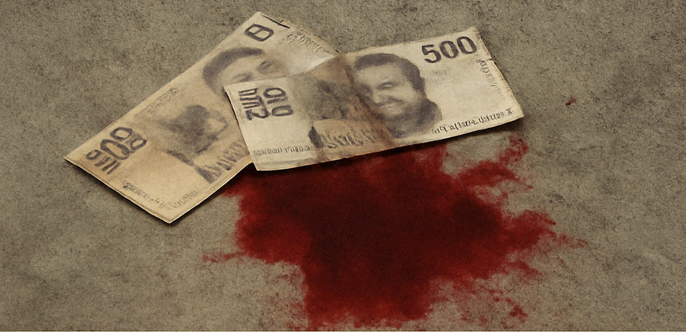 Billetes manchados de sangre junto a un titular sobre el asesinato de un niño de 5 años en Los Reyes La Paz, Estado de México, por una deuda de mil pesos con prestamistas