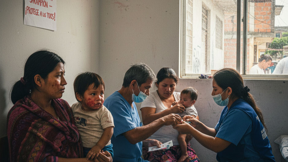 Escena dentro de una clínica sencilla donde enfermeros con uniformes azules y cubrebocas aplican vacunas a niños pequeños. Una madre sostiene a su hijo, quien presenta marcas de sarampión, mientras el personal médico prepara la dosis. En la pared blanca descascarada se observa un letrero pegado a mano que dice: 'VACUNACIÓN - SARAMPIÓN - ¡PROTEGE A LOS TUYOS!'. La luz entra por una ventana que muestra el contexto de una colonia popular.