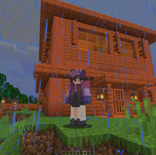 Orange colored House made of acacia wood with pumpkins