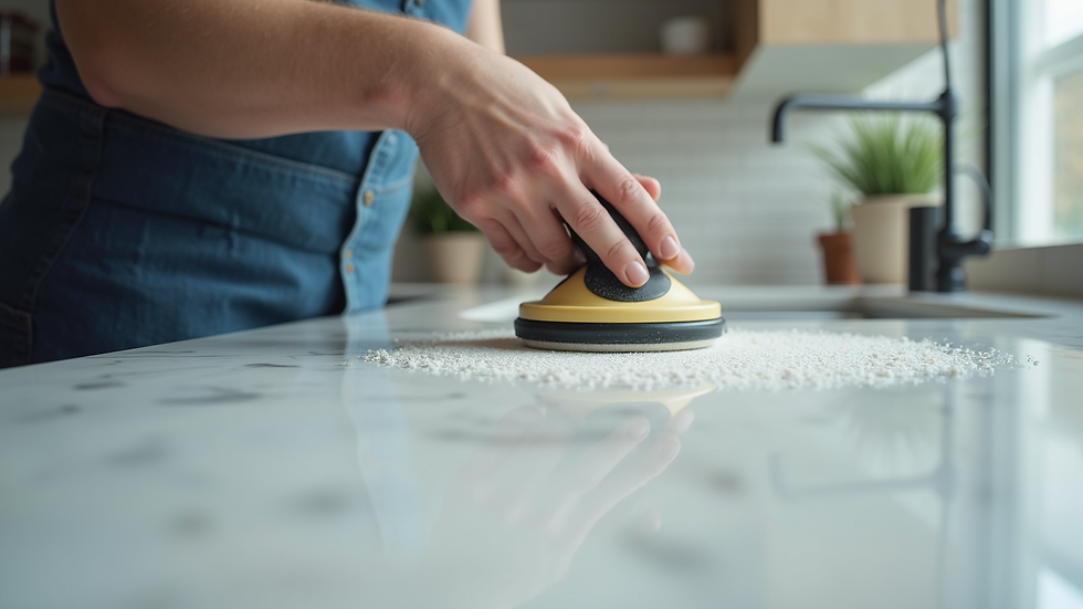 Close-up view of a professional cleaner polishing a marble countertop