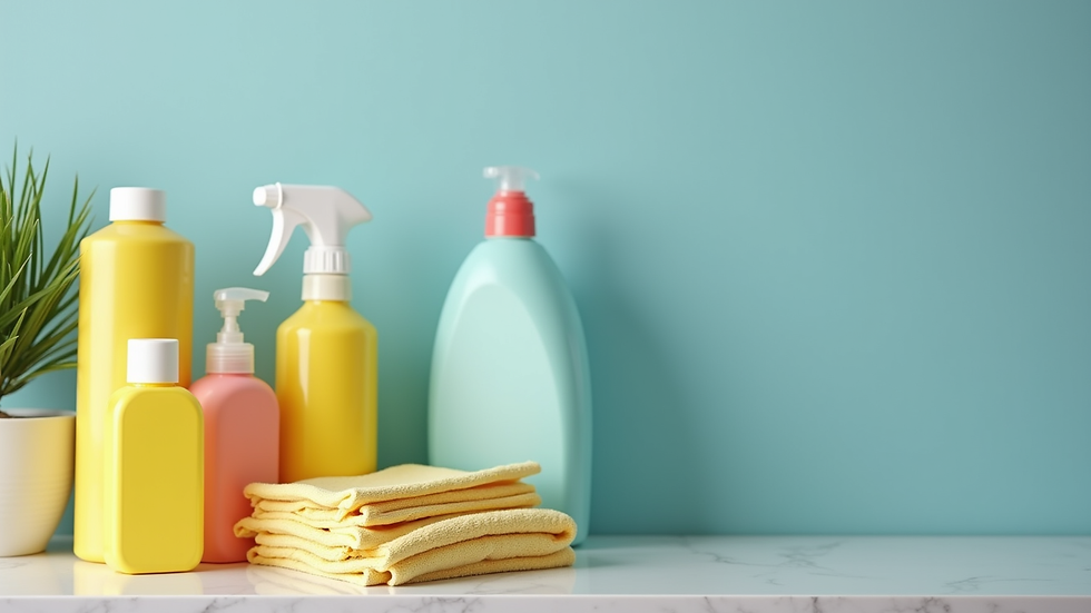 Close-up view of cleaning supplies arranged neatly on a countertop