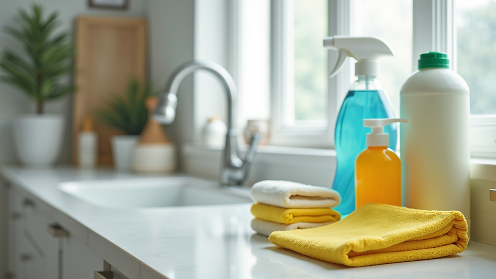 Close-up view of cleaning supplies arranged neatly on a countertop